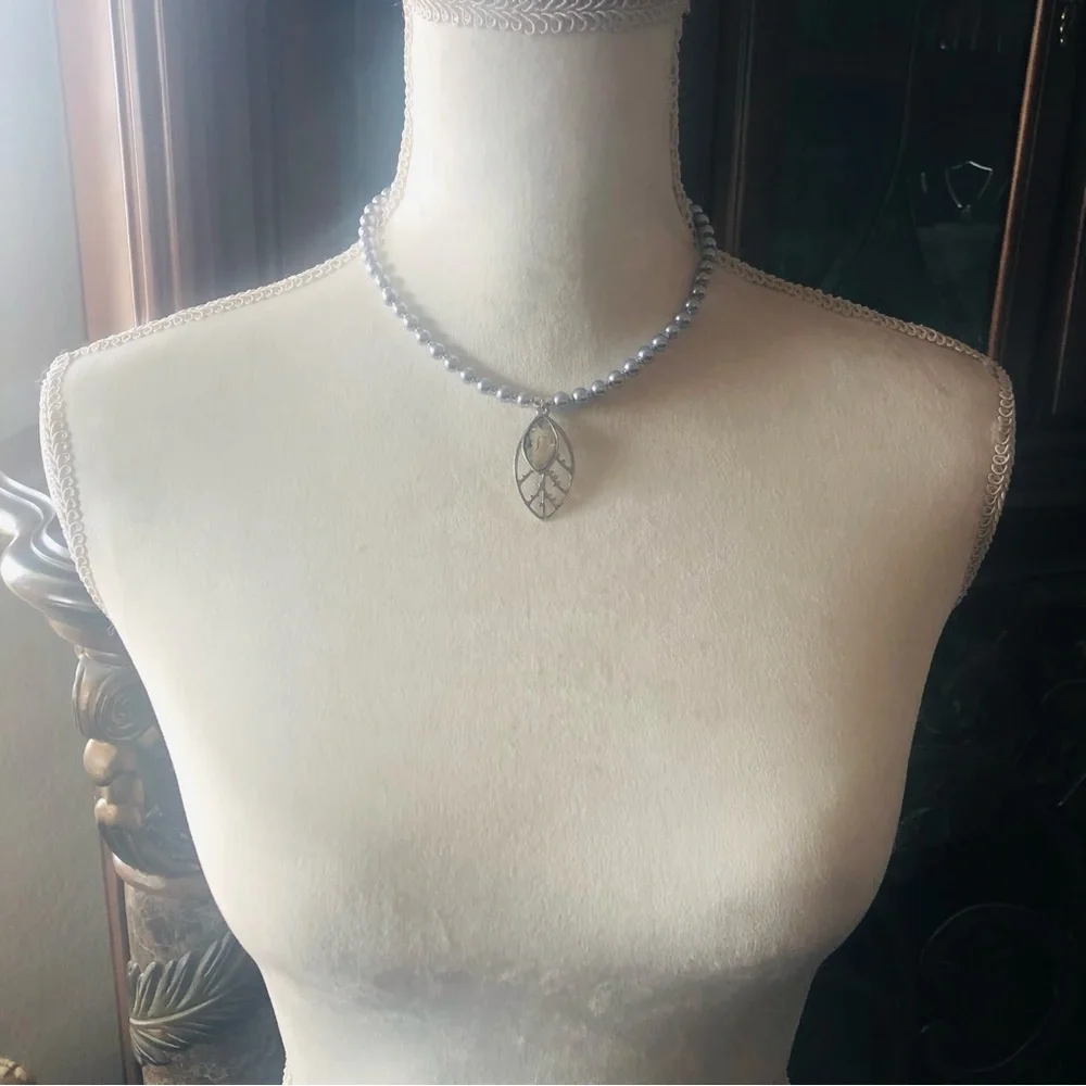 Handcrafted repurpose abalone shell botanical pendant Czech glass Pearl necklace